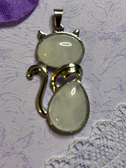 Statement Silver Cat Pendant on 18 Inch Black Cord with Cabochon Options Amethyst Moonstone Moss Green Variegated Blue and More