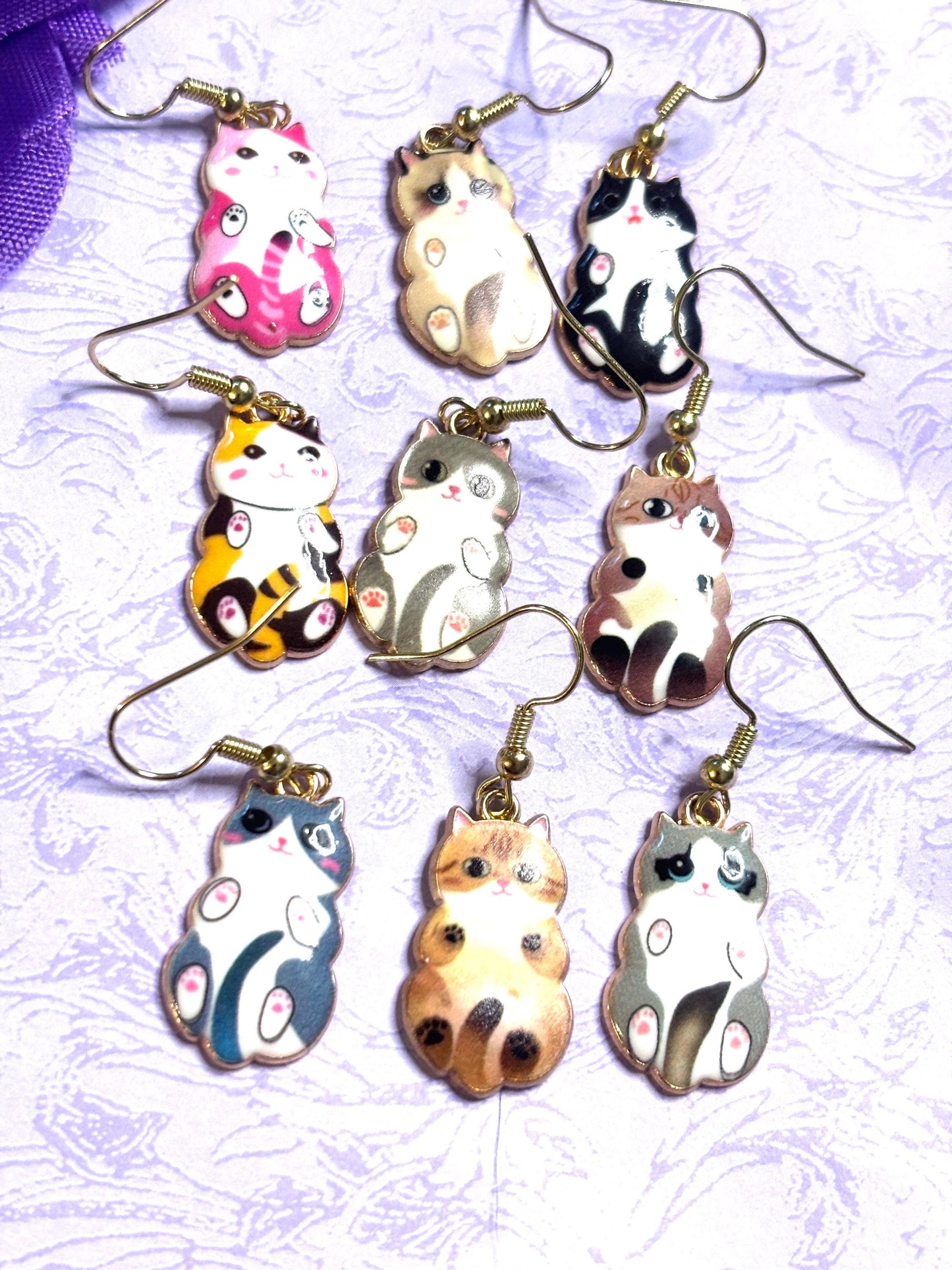 Cuddly Cat Earrings with Vivid Enamel Colors Gold Backs and Hypoallergenic Hooks in Nine Adorable Color Options for Cat Lovers