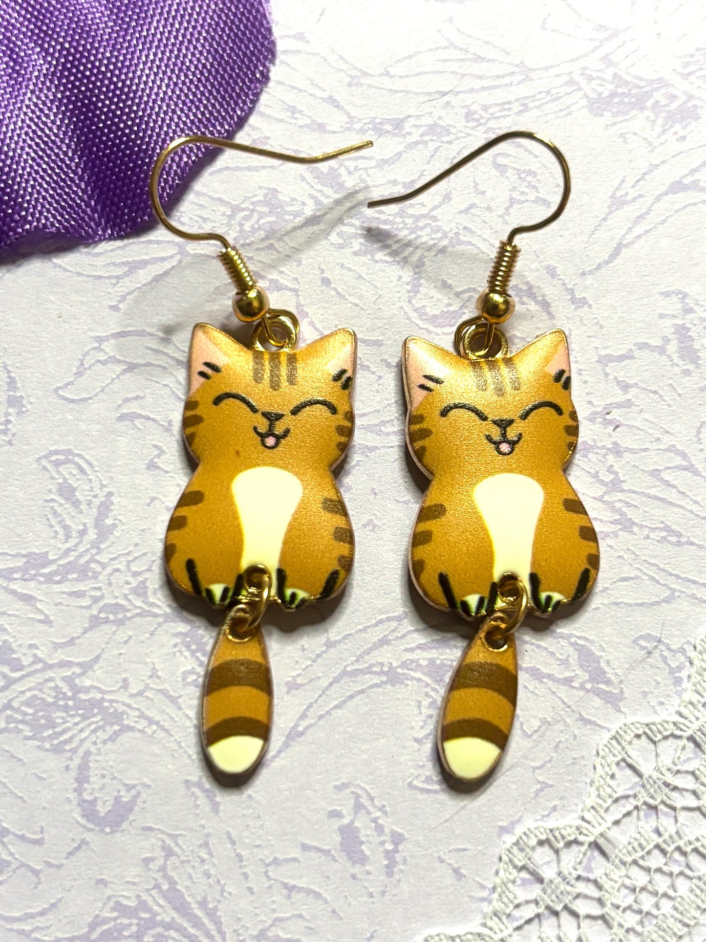Dangly Tail Cat Earrings Enamel Cat Jewelry with Gold Plating Lightweight Hypoallergenic Hooks Cute Cat Lover Gift in Multiple Colors