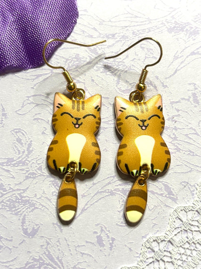 Dangly Tail Cat Earrings Enamel Cat Jewelry with Gold Plating Lightweight Hypoallergenic Hooks Cute Cat Lover Gift in Multiple Colors
