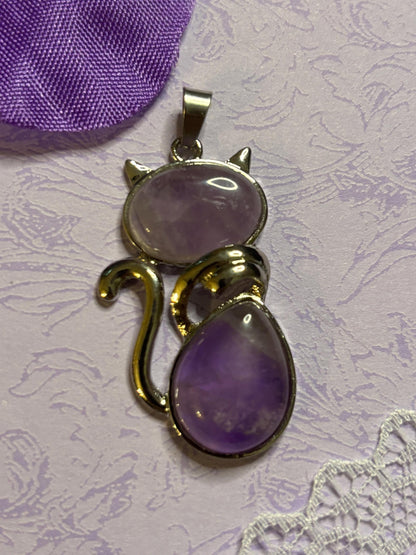 Statement Silver Cat Pendant on 18 Inch Black Cord with Cabochon Options Amethyst Moonstone Moss Green Variegated Blue and More