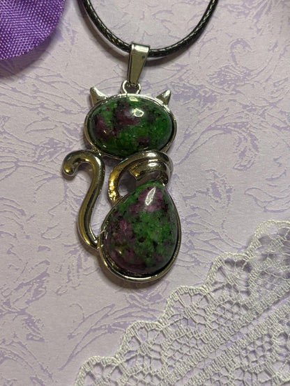 Statement Silver Cat Pendant on 18 Inch Black Cord with Cabochon Options Amethyst Moonstone Moss Green Variegated Blue and More