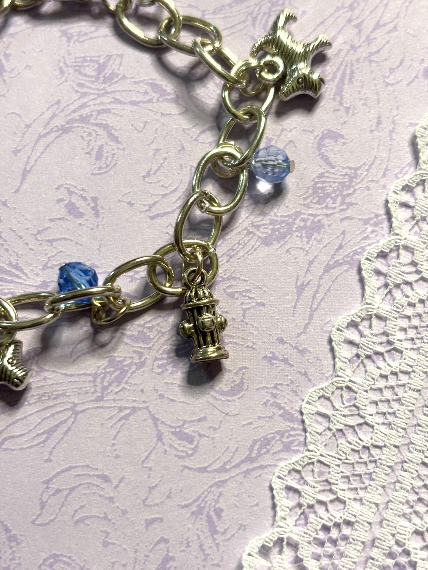 Silver Yorkie Charm Bracelet Dog Lover Jewelry with 3D Yorkie Charms Fire Hydrant Dog Bowl and Blue Beads on Silver Plated Chain