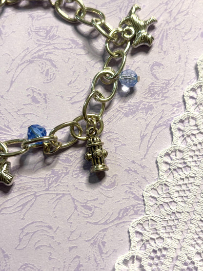 Silver Yorkie Charm Bracelet Dog Lover Jewelry with 3D Yorkie Charms Fire Hydrant Dog Bowl and Blue Beads on Silver Plated Chain
