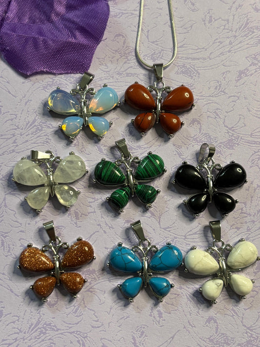 Stone Butterfly Pendants Natural Gemstone Wings Silver Snake Chain Necklace Silver Plated Accents Handmade Gift for Nature Lovers