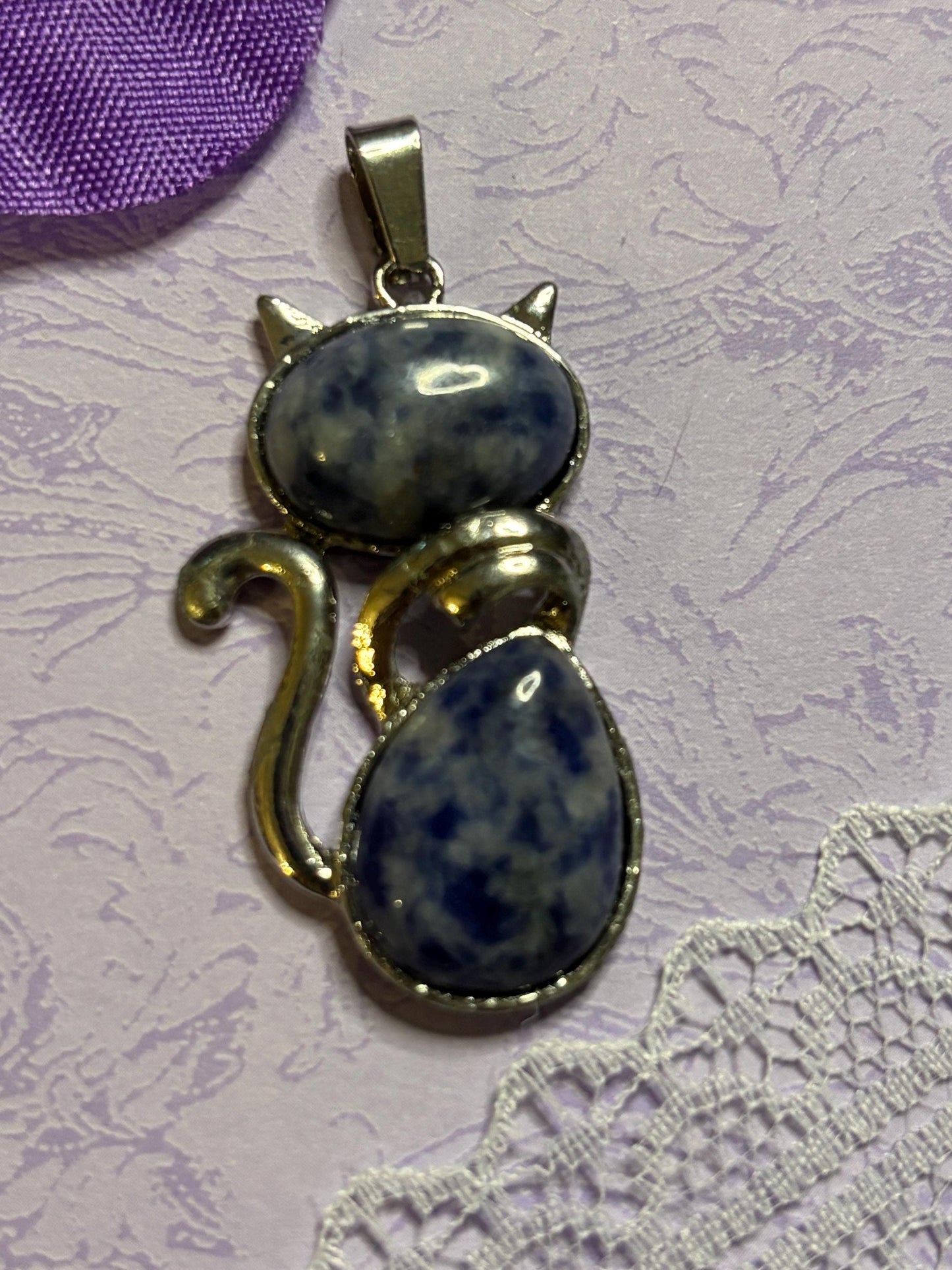 Statement Silver Cat Pendant on 18 Inch Black Cord with Cabochon Options Amethyst Moonstone Moss Green Variegated Blue and More