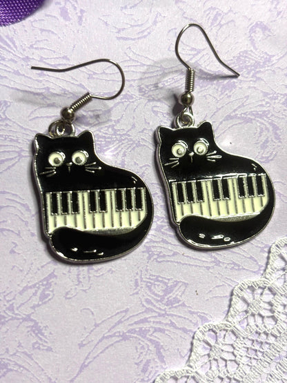 Musical Cat Earrings Enamel Cat Jewelry Gold or Silver Plated Lightweight Hypoallergenic Hooks Music Lover Gift for Cat and Piano Fans