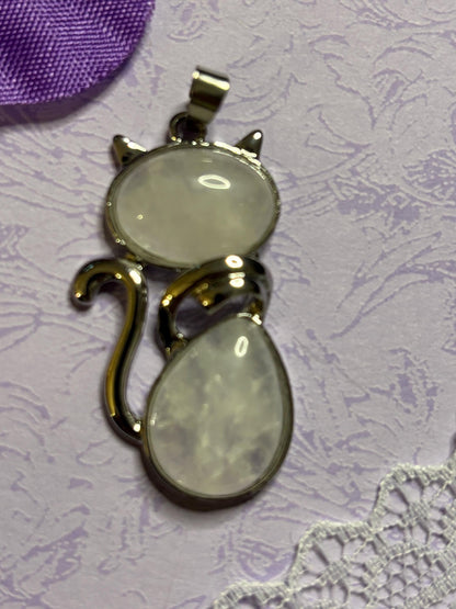 Statement Silver Cat Pendant on 18 Inch Black Cord with Cabochon Options Amethyst Moonstone Moss Green Variegated Blue and More