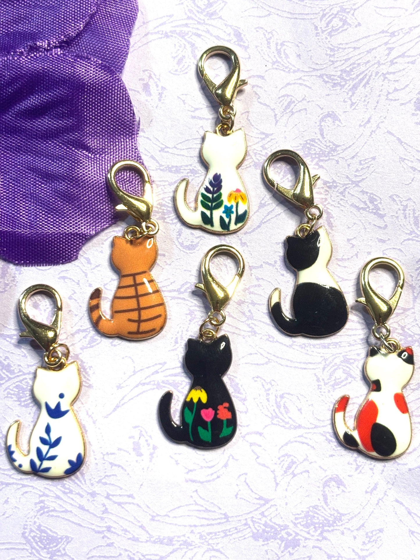 Floral Cat Purse Charm Bag Charm Bookbag Charm Zipper Pull Gold Cat Clip Cute Cat Lover Gift Calico Tabby Floral Cat Accessory