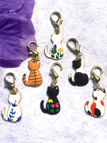 Floral Cat Purse Charm Bag Charm Bookbag Charm Zipper Pull Gold Cat Clip Cute Cat Lover Gift Calico Tabby Floral Cat Accessory
