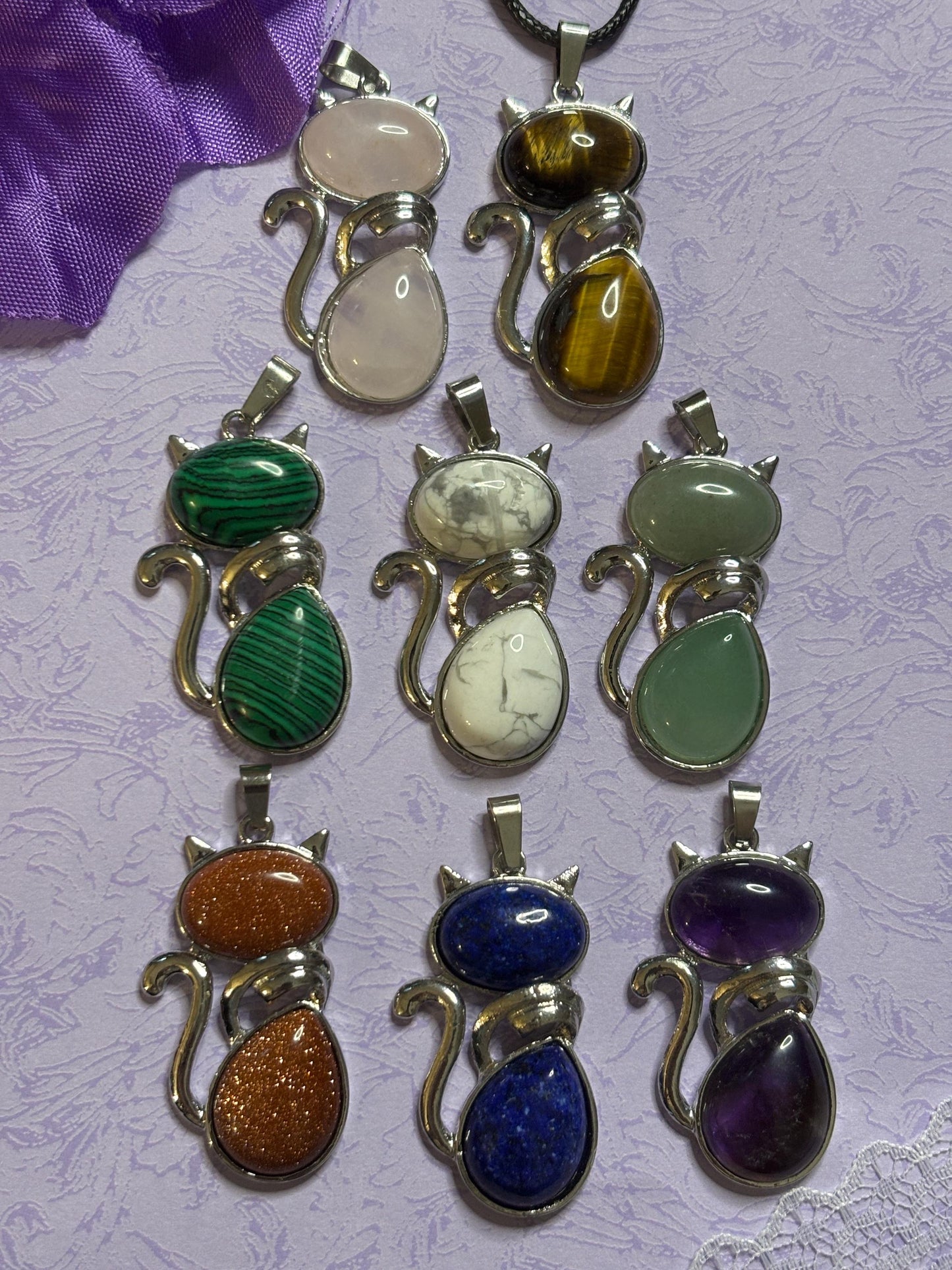 Statement Silver Cat Pendant on 18 Inch Black Cord with Cabochon Options Tiger Eye Rose Amethyst White Green Striped and More