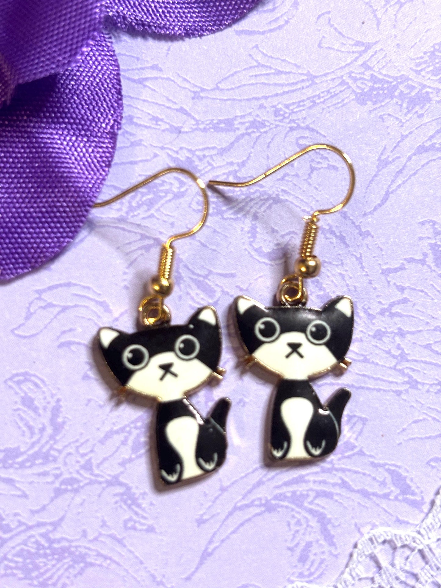 Small Sweet Cat Earrings Enamel Cat Jewelry Gold Plated Lightweight Hypoallergenic Hooks Cute Petite Gift for Cat Lovers in Soft Colors