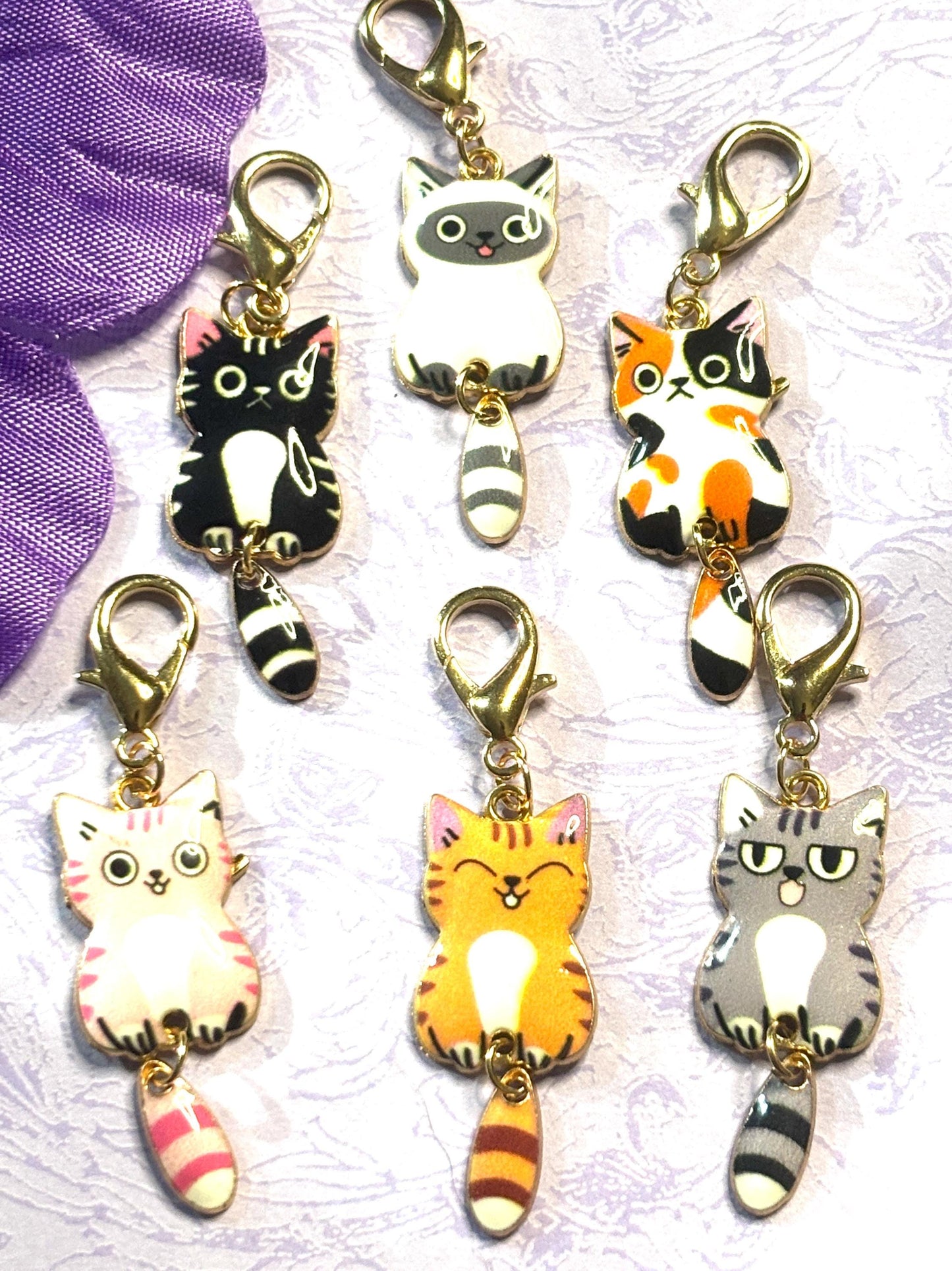 Dangly Tail Cat Purse Charm Bag Charm Bookbag Charm Zipper Pull with Gold Plated Back and Lobster Claw Clasp in Six Fun Cat Colors
