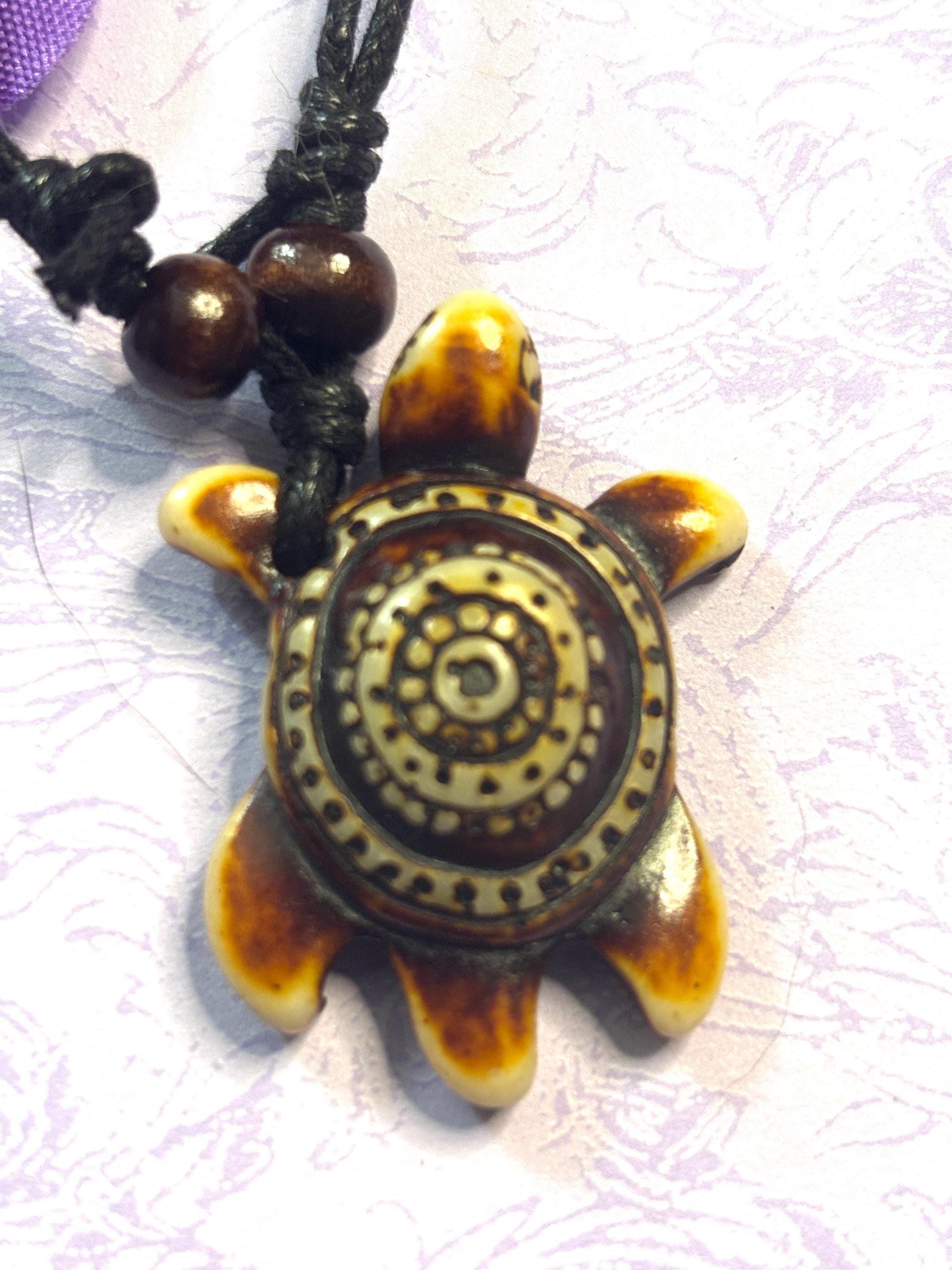 Faux Ivory Turtle Pendant Necklace Adjustable Leather Cord Tribal Style Animal Jewelry Yin Yang Turtle Charm Boho Nature Lover Gift
