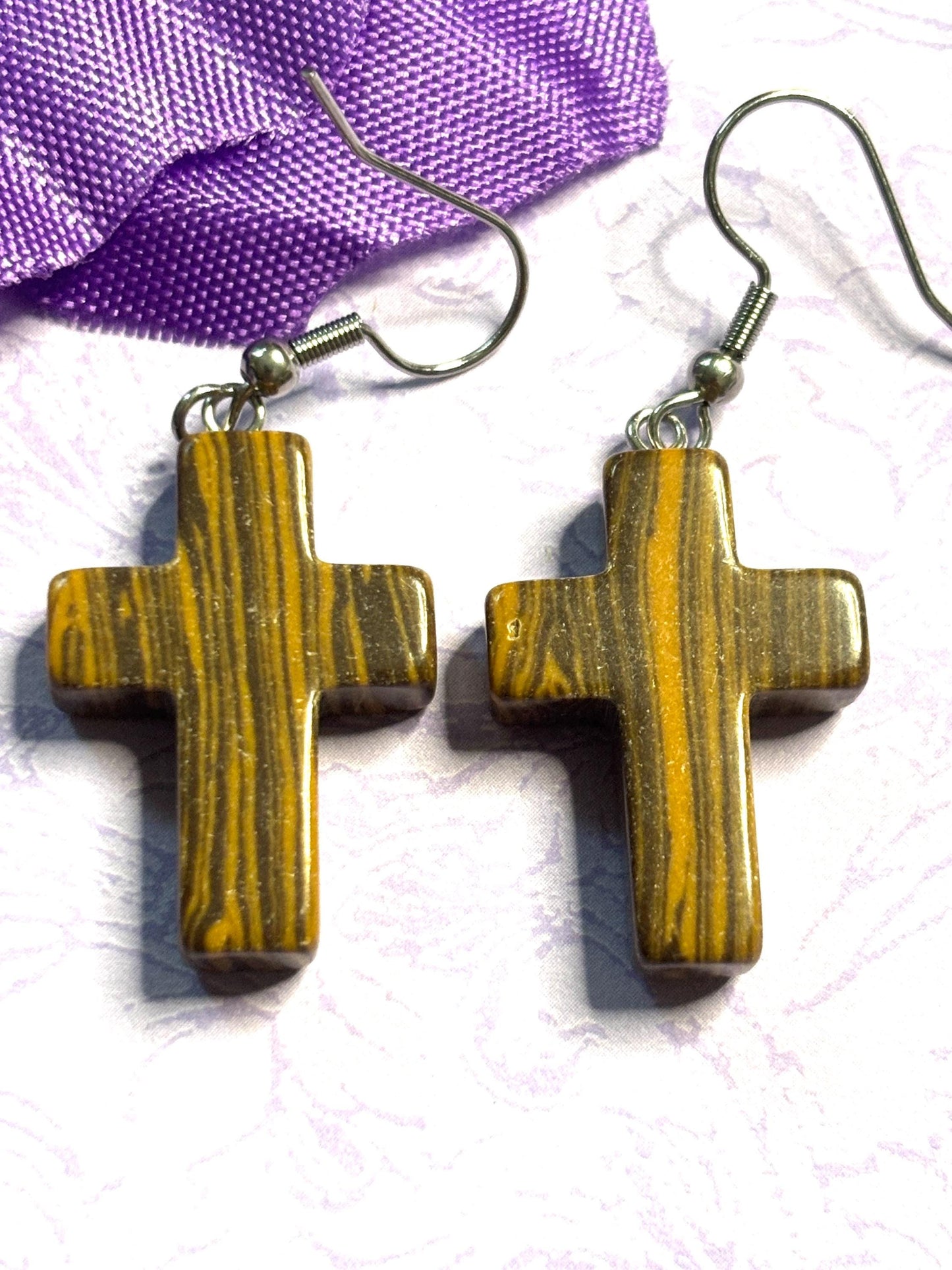 Natural Stone Cross Earrings with Hypoallergenic Hooks in Eight Gemstone Color Options Spiritual Lightweight Handmade Jewelry