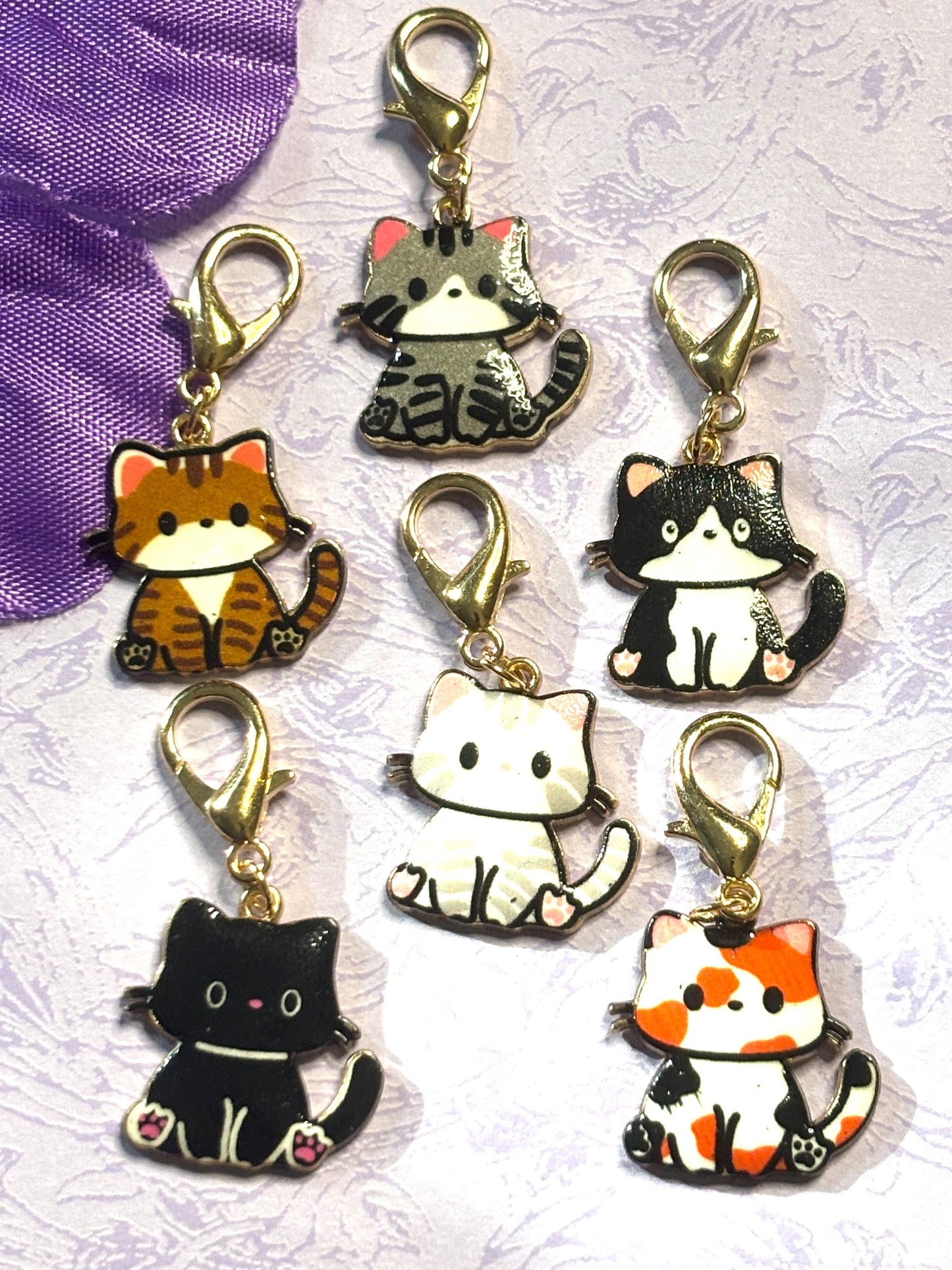 Cute Kitten Purse Charm Bag Charm Bookbag Charm Zipper Pull with Gold Plated Back and Lobster Claw Clasp in Six Adorable Cat Colors