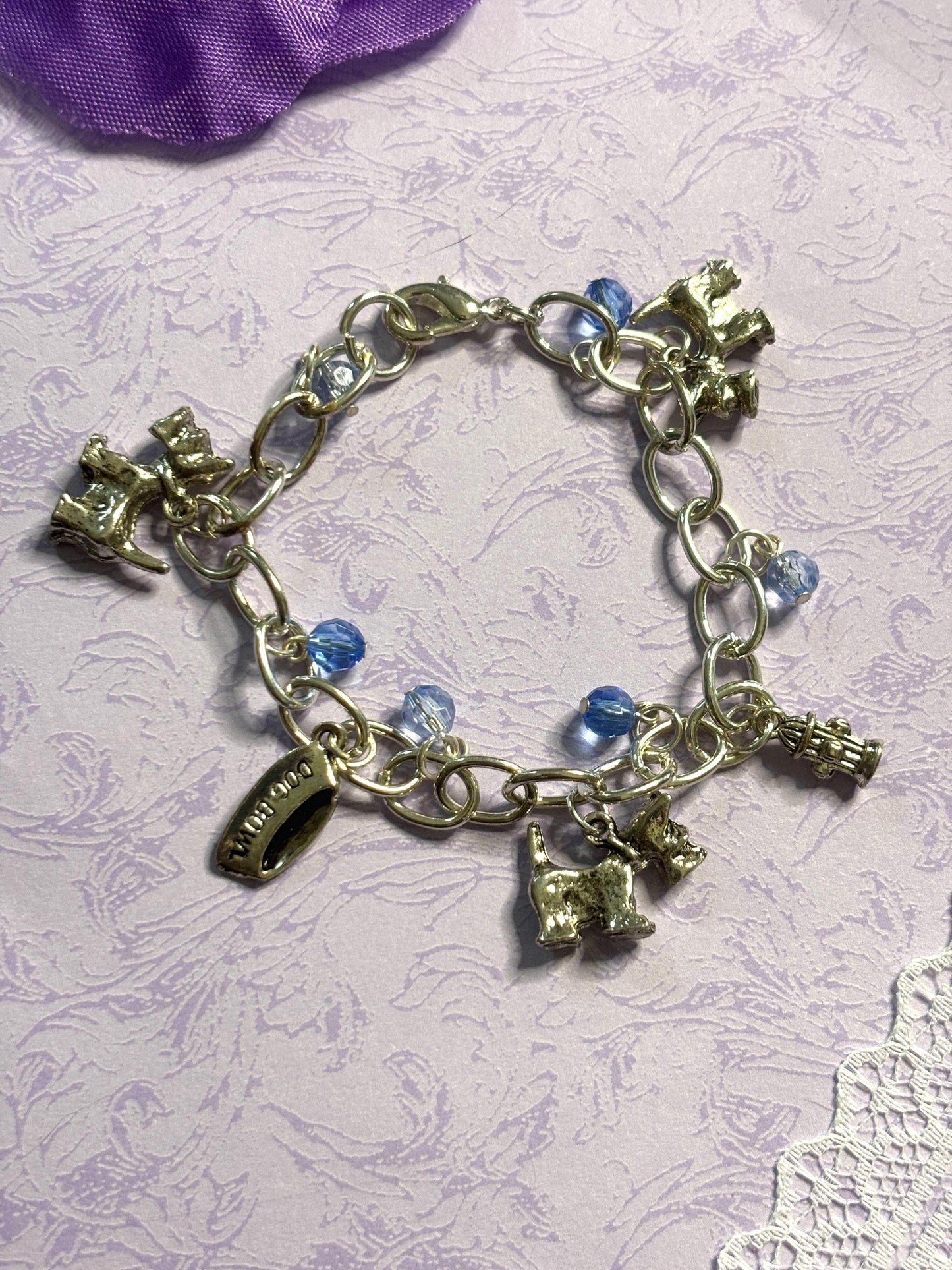 Silver Scottish Terrier Charm Bracelet Dog Lover Jewelry with 3D Scottie Charms Fire Hydrant Dog Bowl and Blue Beads on Silver Chain