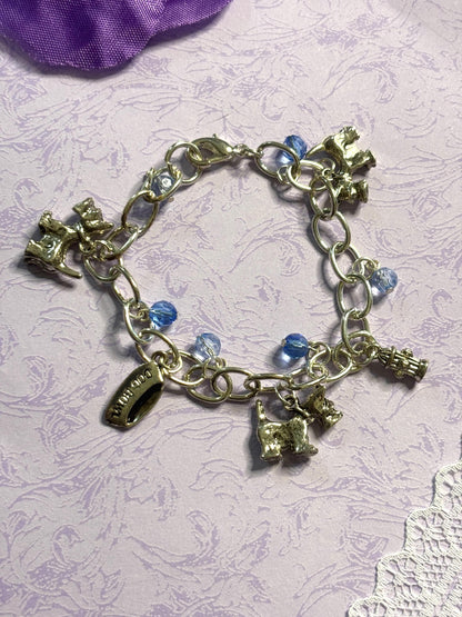 Silver Scottish Terrier Charm Bracelet Dog Lover Jewelry with 3D Scottie Charms Fire Hydrant Dog Bowl and Blue Beads on Silver Chain