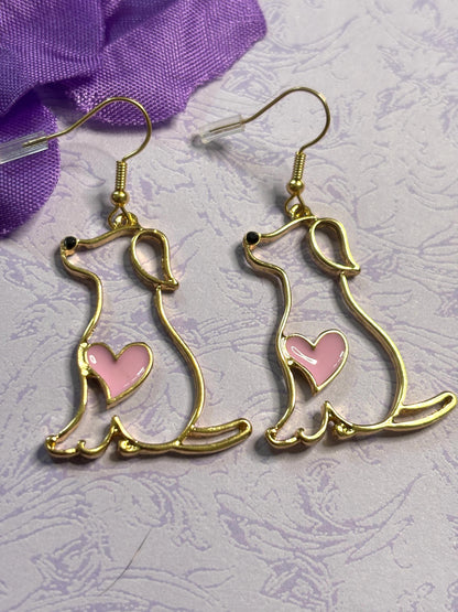 Minimalist Style Dog Earrings with Pink Heart Detail Vivid Enamel Gold Plated Backs and Hypoallergenic Hooks for Pet Lovers