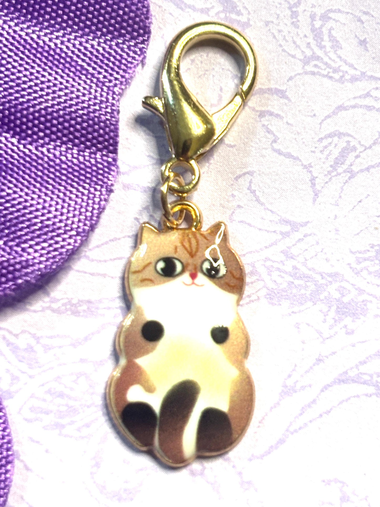 Cuddly Cat Purse Charm Bag Charm Bookbag Charm Zipper Pull with Gold Plated Back and Lobster Claw Clasp in Six Cute Cat Color Options
