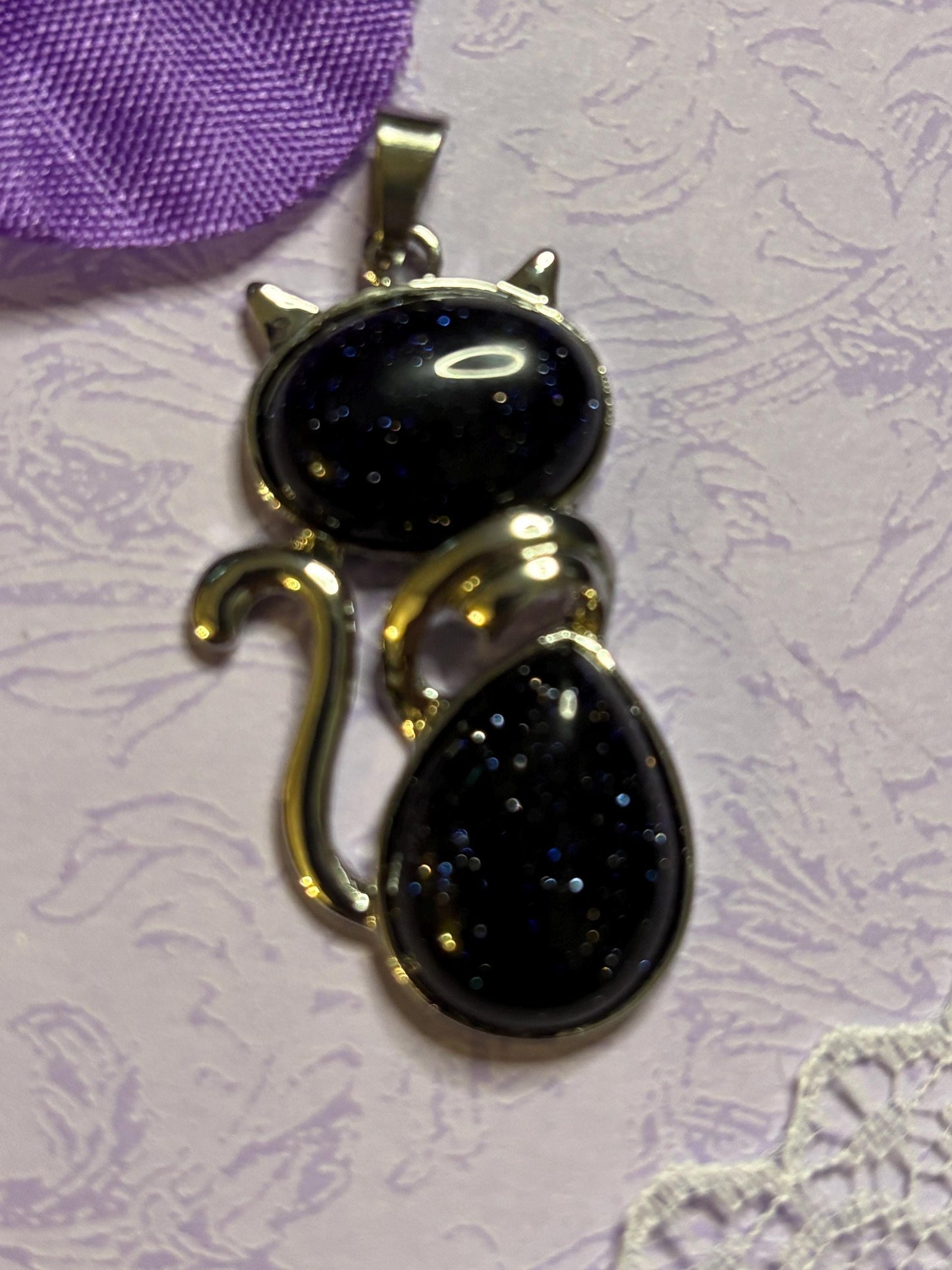Statement Silver Cat Pendant on 18 Inch Black Cord with Cabochon Options Amethyst Moonstone Moss Green Variegated Blue and More