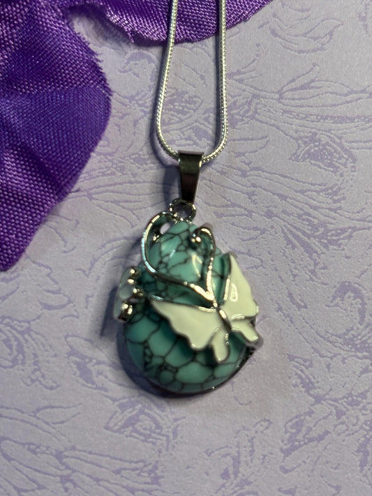 White Butterfly Pendants Natural Stone Necklace Silver Snake Chain Enamel Jewelry with Silver Plated Accents Gift for Nature Lovers