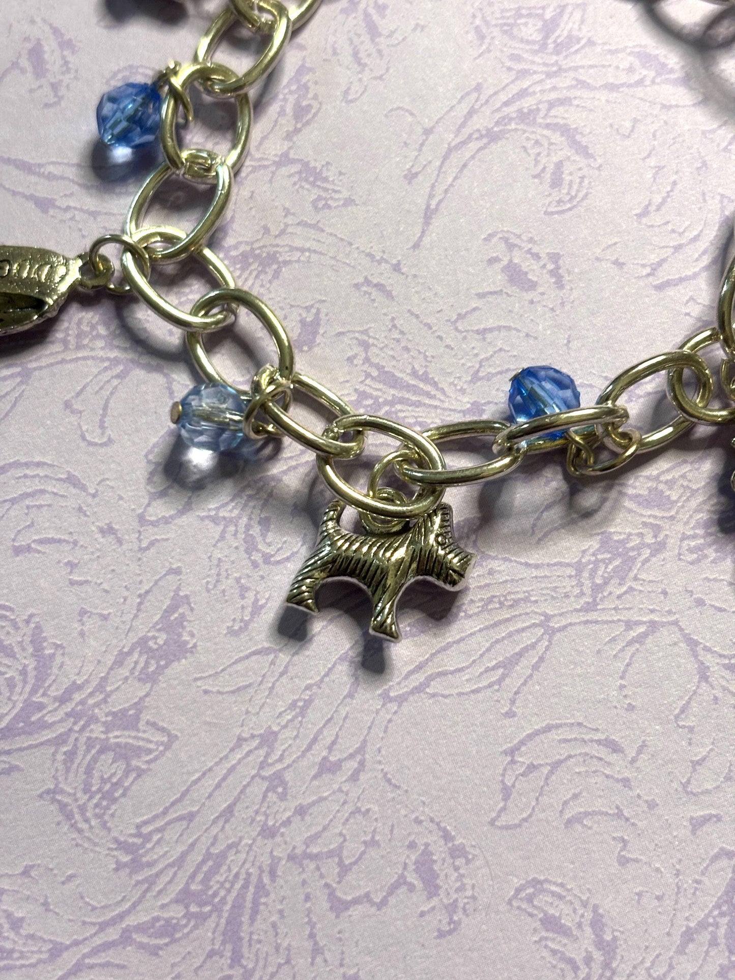Silver Yorkie Charm Bracelet Dog Lover Jewelry with 3D Yorkie Charms Fire Hydrant Dog Bowl and Blue Beads on Silver Plated Chain