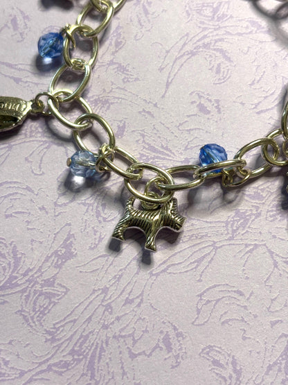 Silver Yorkie Charm Bracelet Dog Lover Jewelry with 3D Yorkie Charms Fire Hydrant Dog Bowl and Blue Beads on Silver Plated Chain