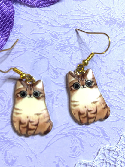 Fluffy Cat Earrings Enamel Cat Jewelry Gold Plated Lightweight Hypoallergenic Hooks Cute Gift for Cat Lovers in Tabby and Himalayan Styles