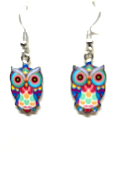 Colorful Owl Earrings, Owl Jewelry, Owl Charms, Animal Jewelry, Bird themed jewelry, Nature inspired jewelry, Enamel Owl Earrings