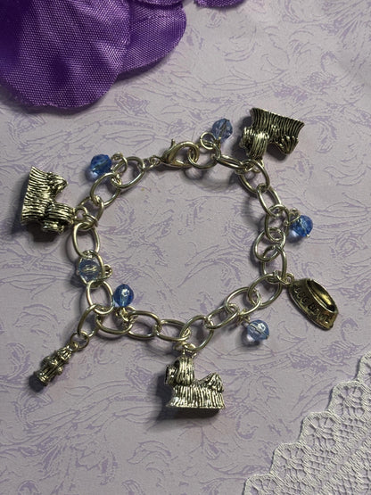 Silver Shih Tzu Charm Bracelet Dog Lover Jewelry with 3D Shih Tzu Charms Fire Hydrant Dog Bowl and Blue Beads on Silver Chain