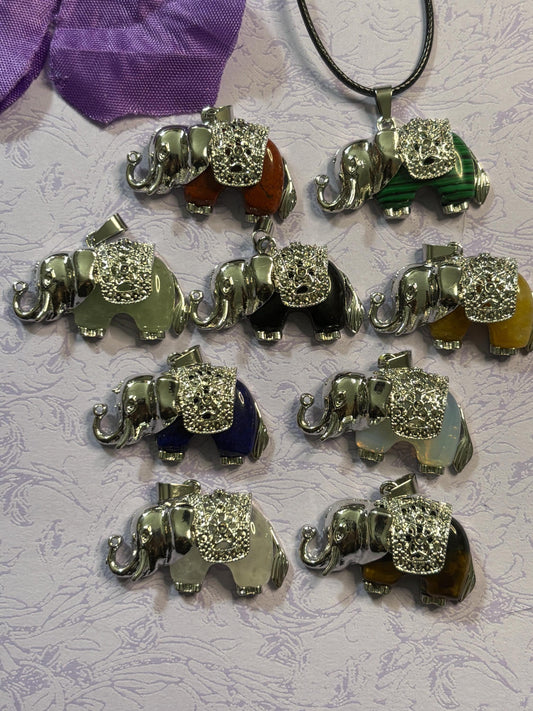 Stone and Silver Elephant Pendants Natural Gemstone Necklace Black Leather Cord Silver Plated Accents Handmade Gift for Animal Lovers