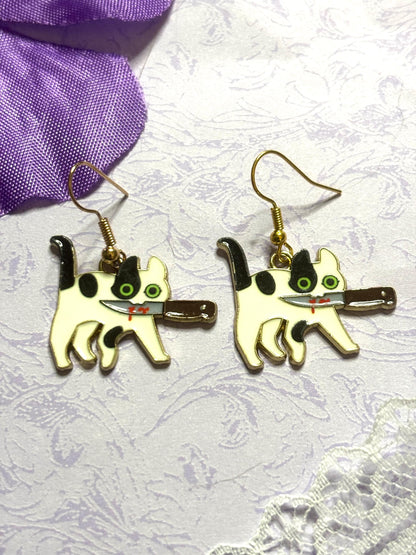 Murder Cat Earrings Funny Cat Jewelry Enamel Cat Earrings with Gold Plating Lightweight Hypoallergenic Hooks Gift for Cat Lovers