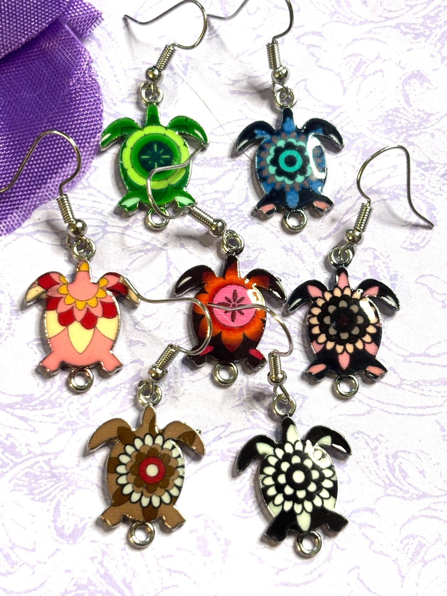 Colorful Turtle Earrings with Vivid Enamel Colors Silver Backs and Hypoallergenic Hooks in Seven Fun and Bright Color Options