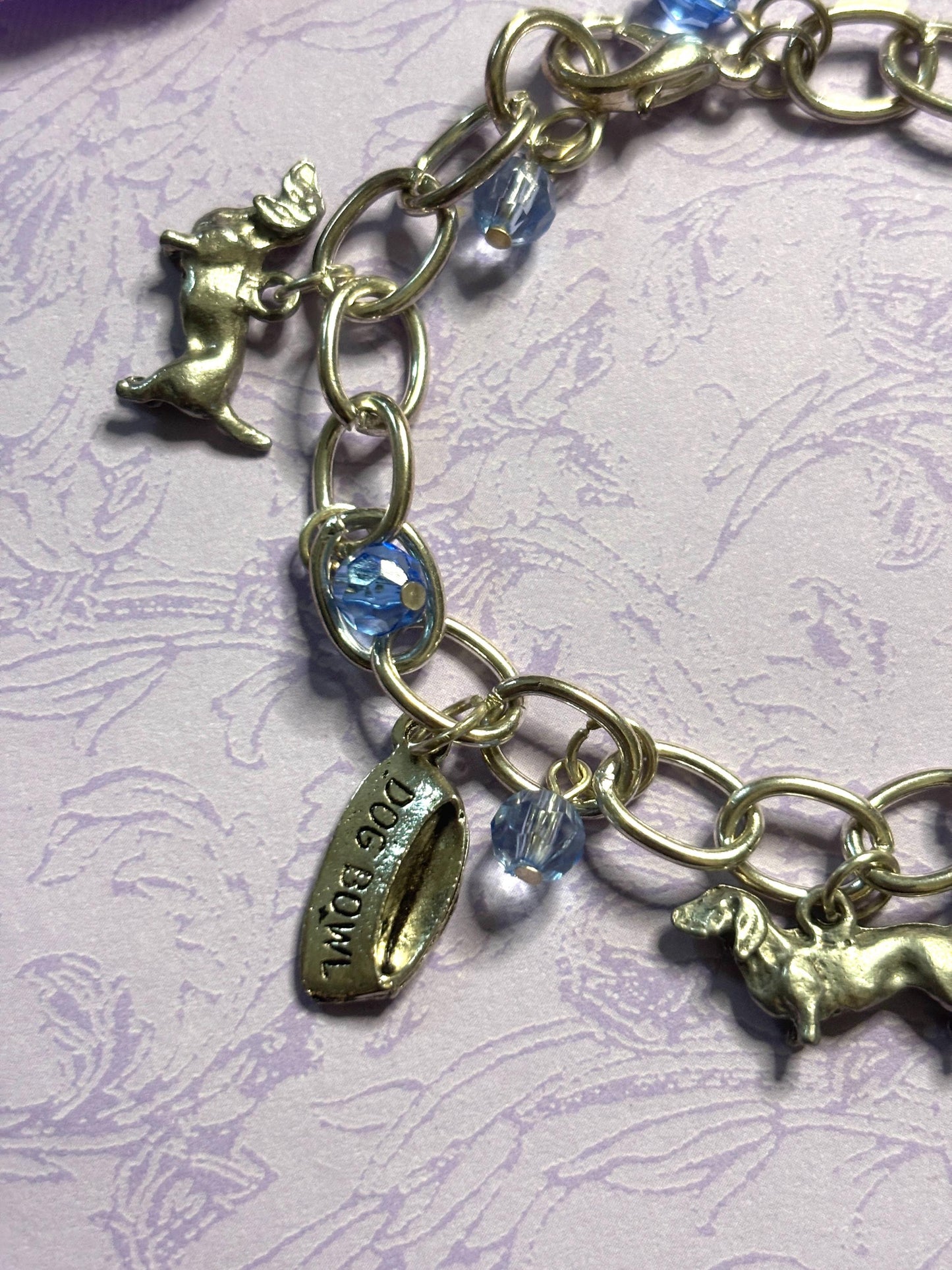 Silver Dachshund Charm Bracelet Dog Lover Jewelry with 3D Wiener Dog Charms Fire Hydrant Dog Bowl and Blue Beads on Silver Chain