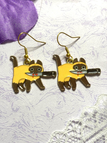 Murder Cat Earrings Funny Cat Jewelry Enamel Cat Earrings with Gold Plating Lightweight Hypoallergenic Hooks Gift for Cat Lovers