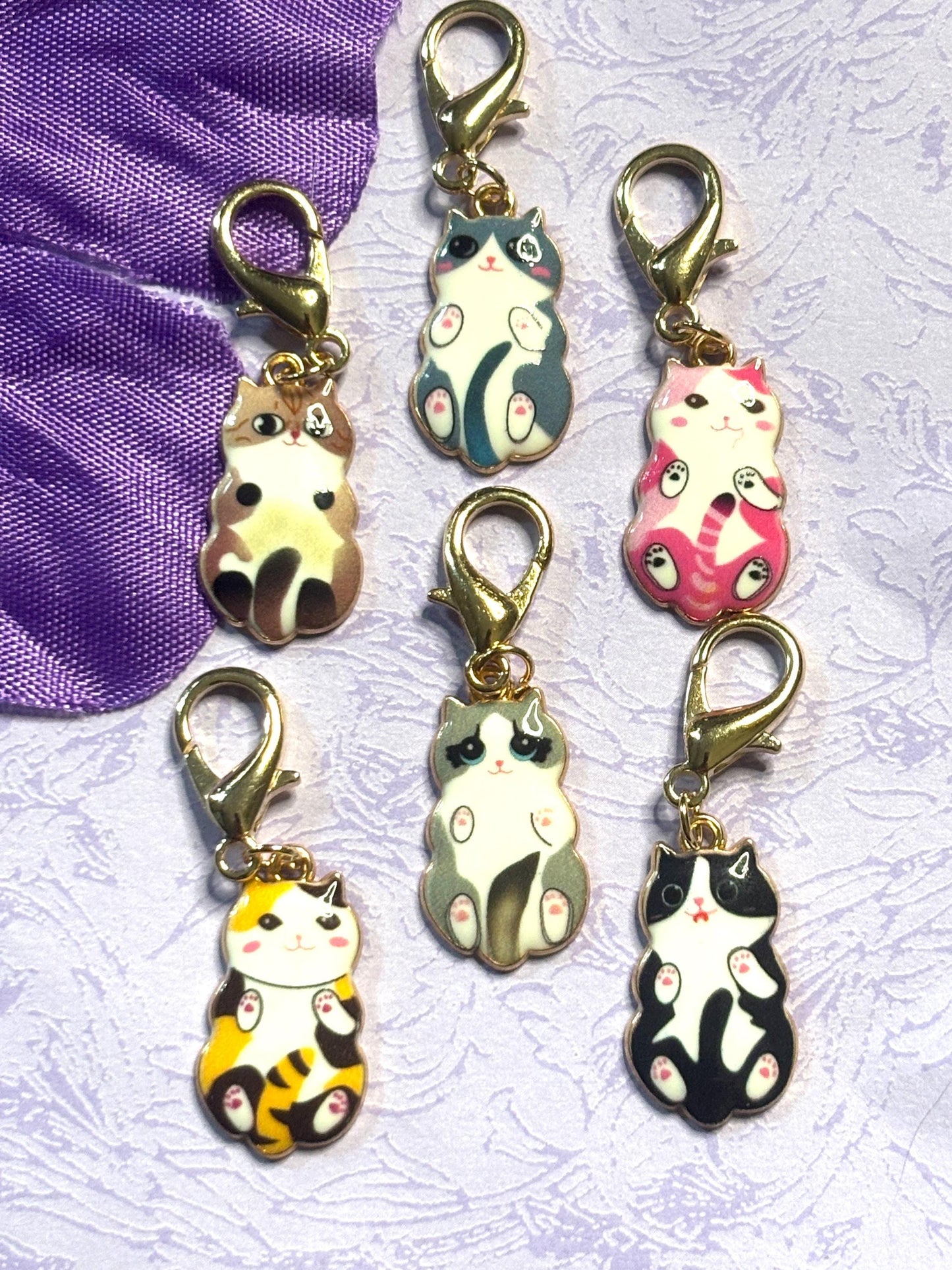 Cuddly Cat Purse Charm Bag Charm Bookbag Charm Zipper Pull with Gold Plated Back and Lobster Claw Clasp in Six Cute Cat Color Options