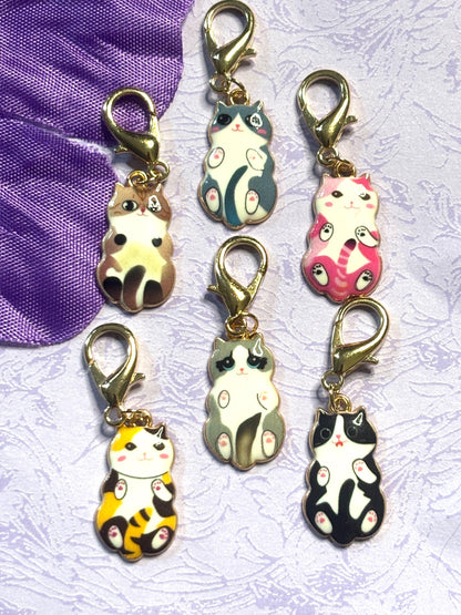 Cuddly Cat Purse Charm Bag Charm Bookbag Charm Zipper Pull with Gold Plated Back and Lobster Claw Clasp in Six Cute Cat Color Options
