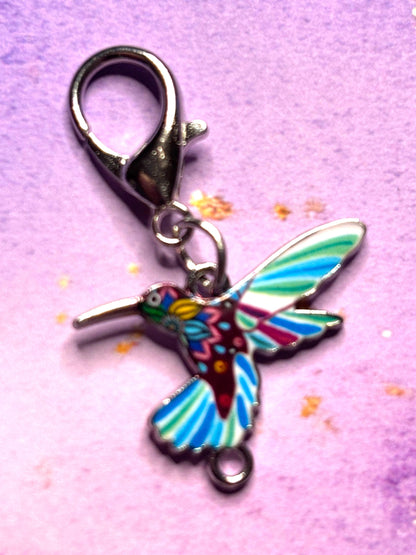 Colorful Hummingbird Purse Charm Enamel Bird Bag Charm Hummingbird Keychain Zipper Pull Colorful Bird Gift Silver Lobster Clasp Wildlife
