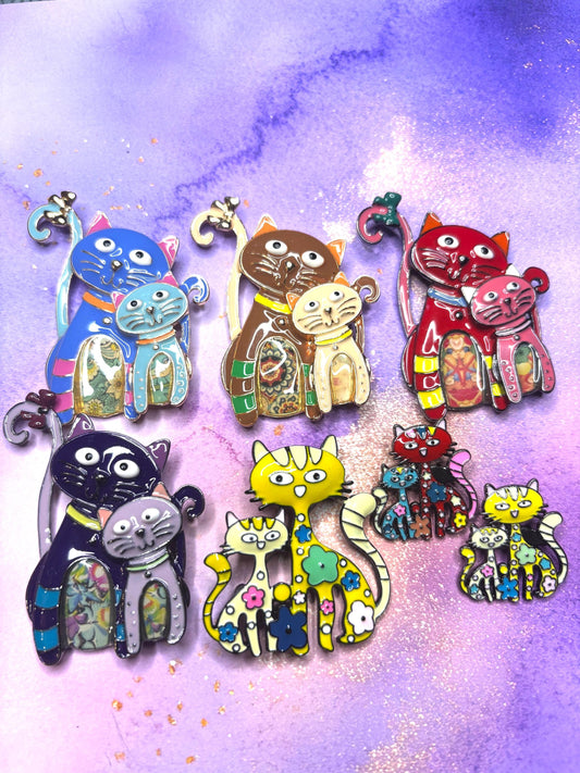 Two Cat Broaches Pins Colorful Baked Enamel Kitty Jewelry Adorable Double Cat Broach Cute Feline Accessories in 7 Bright Enamel Options