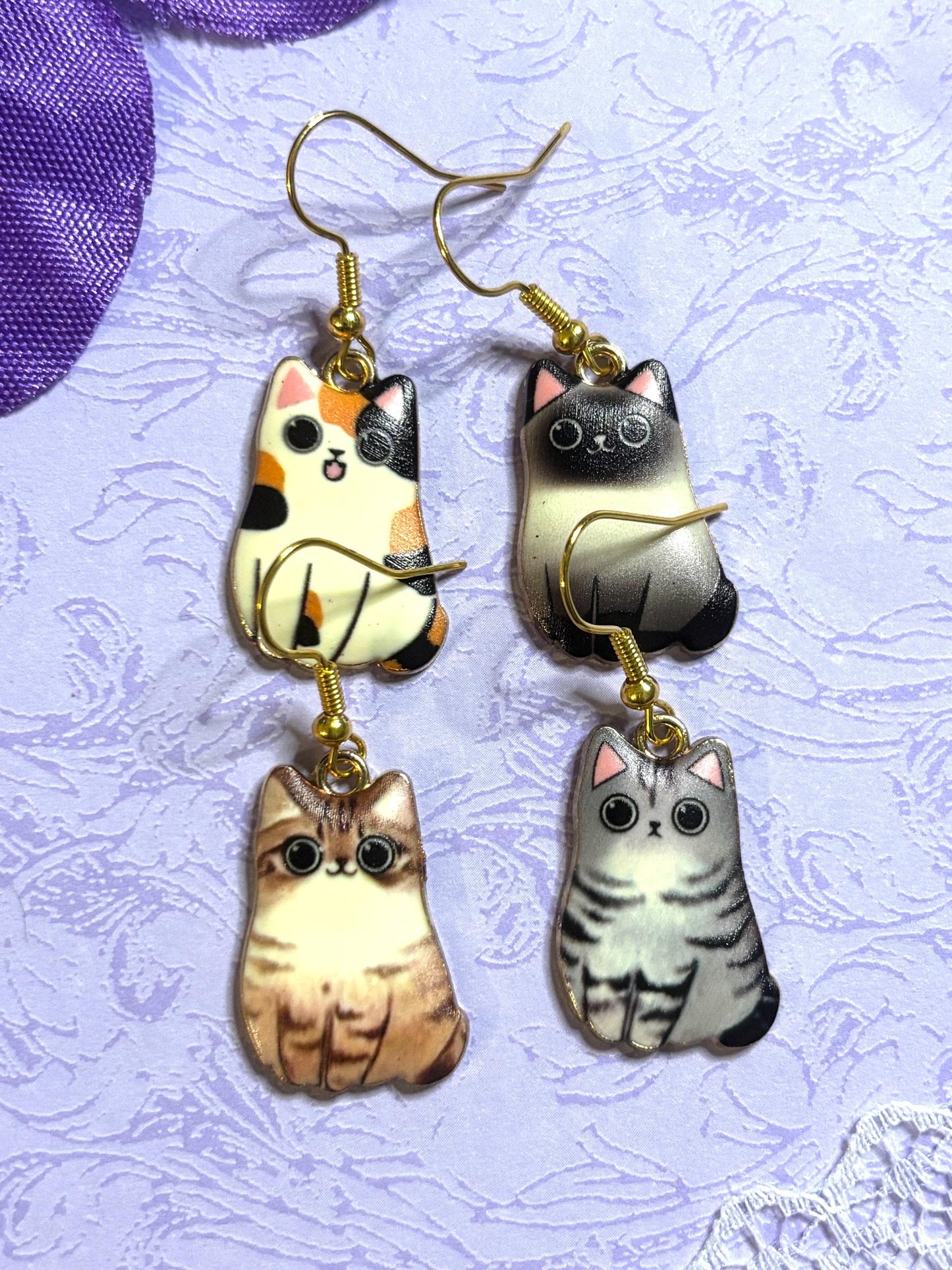Fluffy Cat Earrings Enamel Cat Jewelry Gold Plated Lightweight Hypoallergenic Hooks Cute Gift for Cat Lovers in Tabby and Himalayan Styles
