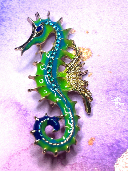 Rhinestone Sea Horse Broaches Pins Sparkling Ocean Jewelry Red Green and Blue Gem Seahorse Broach Colorful Sea Life Pins for Women