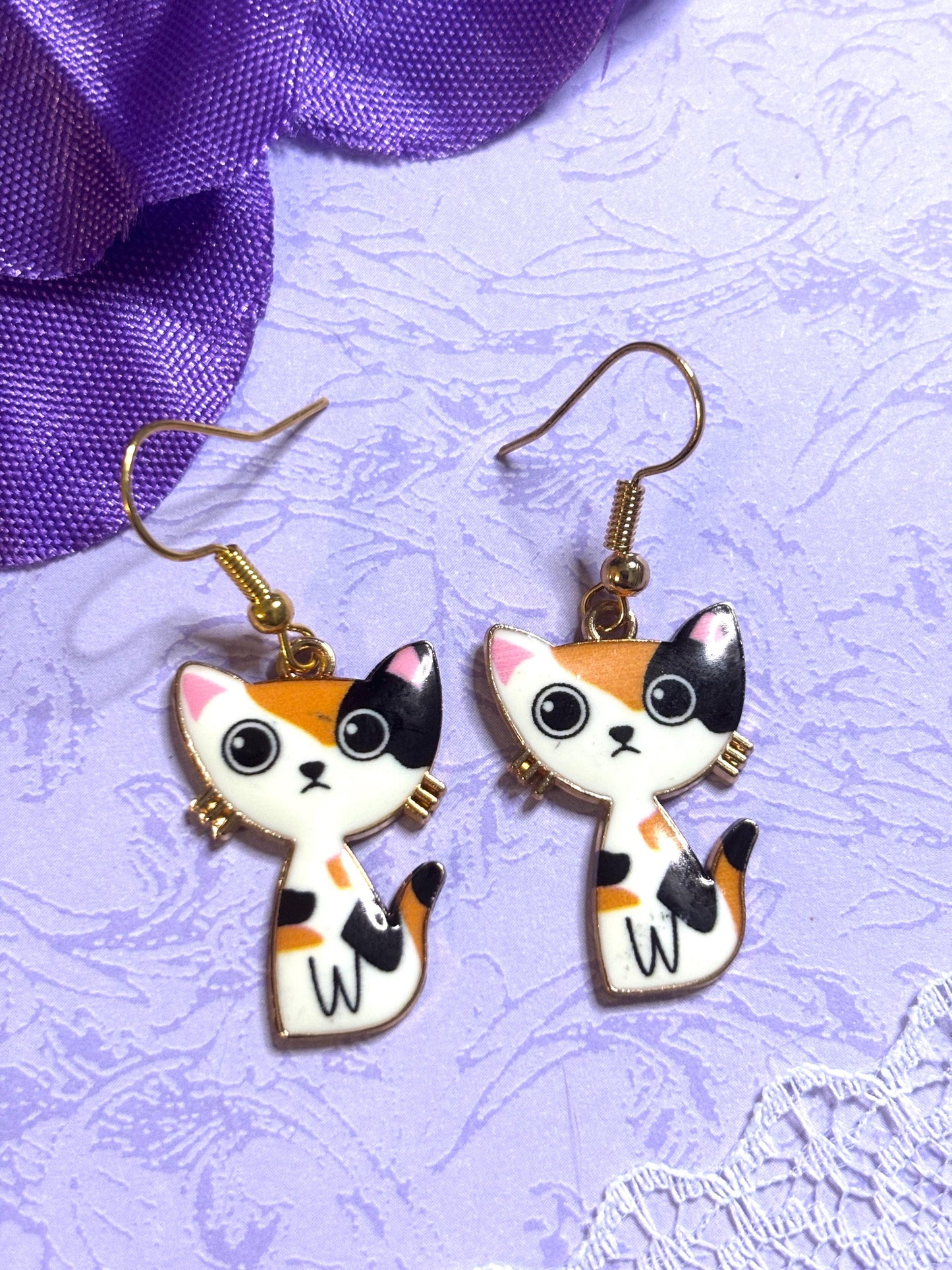 Small Sweet Cat Earrings Enamel Cat Jewelry Gold Plated Lightweight Hypoallergenic Hooks Cute Petite Gift for Cat Lovers in Soft Colors