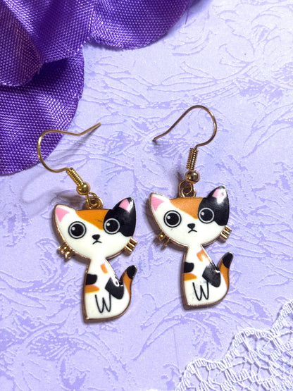 Small Sweet Cat Earrings Enamel Cat Jewelry Gold Plated Lightweight Hypoallergenic Hooks Cute Petite Gift for Cat Lovers in Soft Colors