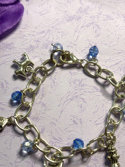 Silver Yorkie Charm Bracelet Dog Lover Jewelry with 3D Yorkie Charms Fire Hydrant Dog Bowl and Blue Beads on Silver Plated Chain