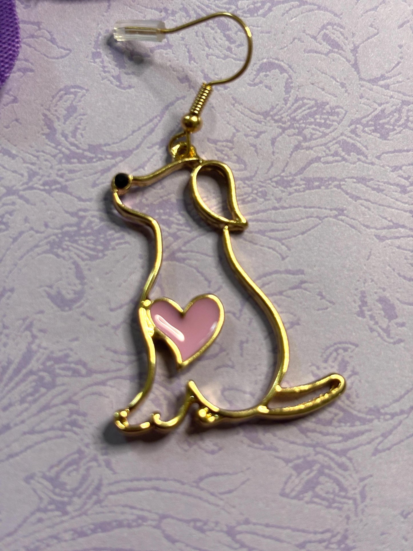 Minimalist Style Dog Earrings with Pink Heart Detail Vivid Enamel Gold Plated Backs and Hypoallergenic Hooks for Pet Lovers