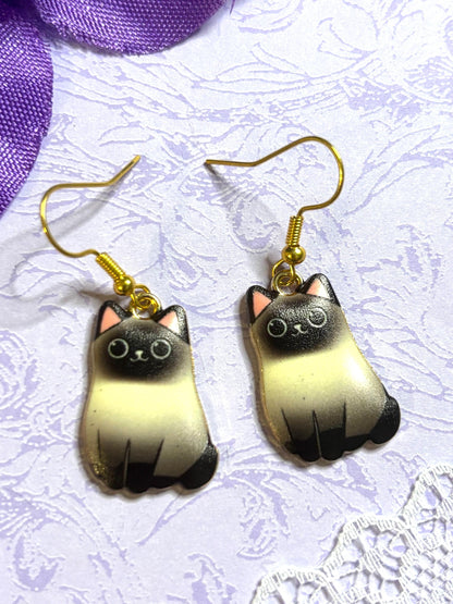 Fluffy Cat Earrings Enamel Cat Jewelry Gold Plated Lightweight Hypoallergenic Hooks Cute Gift for Cat Lovers in Tabby and Himalayan Styles
