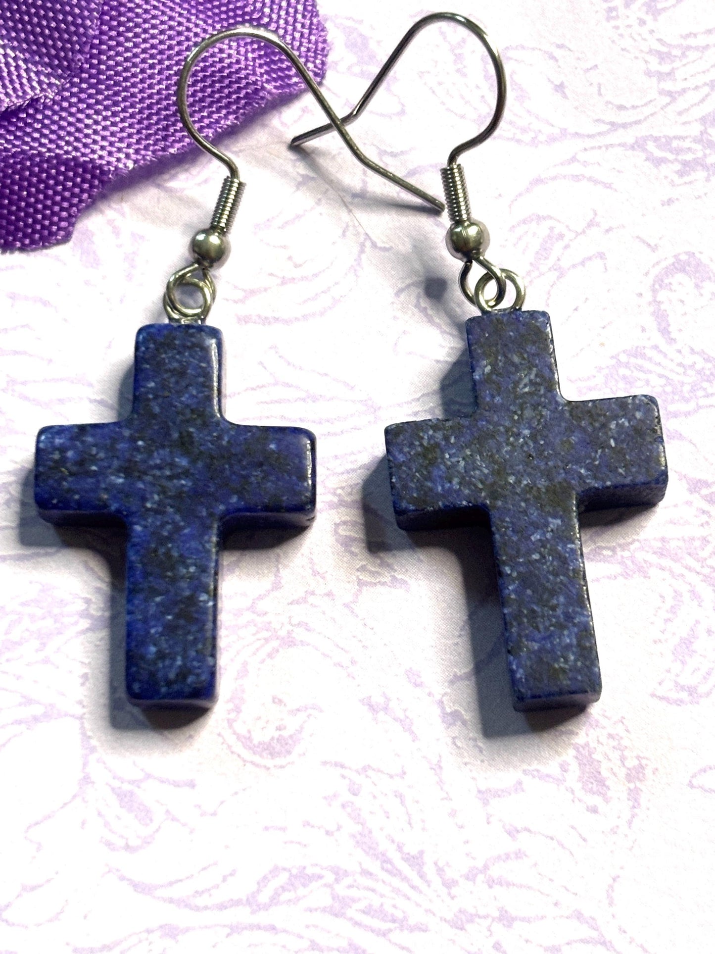 Natural Stone Cross Earrings with Hypoallergenic Hooks in Eight Gemstone Color Options Spiritual Lightweight Handmade Jewelry