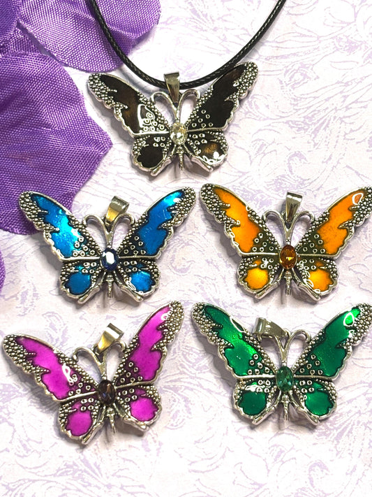 Vivid Butterfly Pendant Necklace Colorful Enamel Jewelry with Silver Accents and 18 Inch PU Leather Cord five Color Options