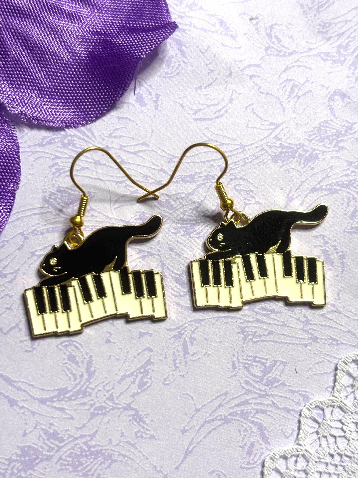Musical Cat Earrings Enamel Cat Jewelry Gold or Silver Plated Lightweight Hypoallergenic Hooks Music Lover Gift for Cat and Piano Fans